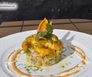 Gambas con arroz y mango